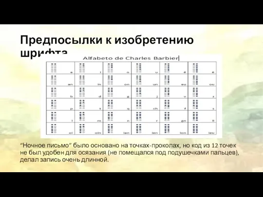 Предпосылки к изобретению шрифта “Ночное письмо” было основано на точках-проколах, но