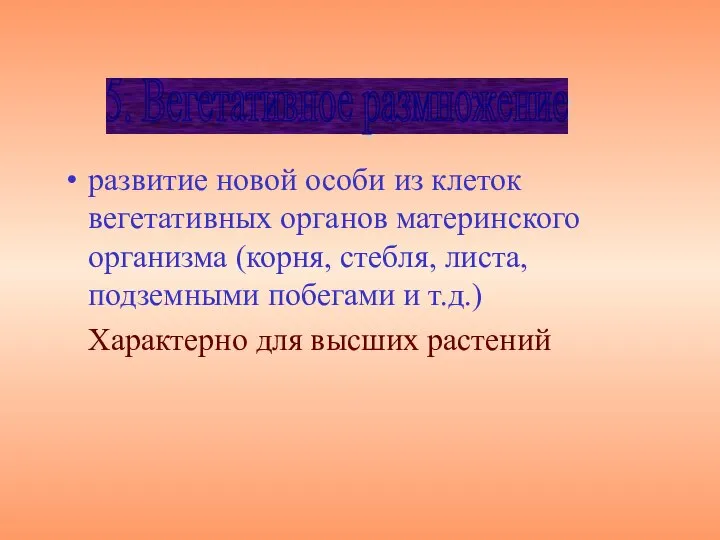 развитие новой особи из клеток вегетативных органов материнского организма (корня, стебля,