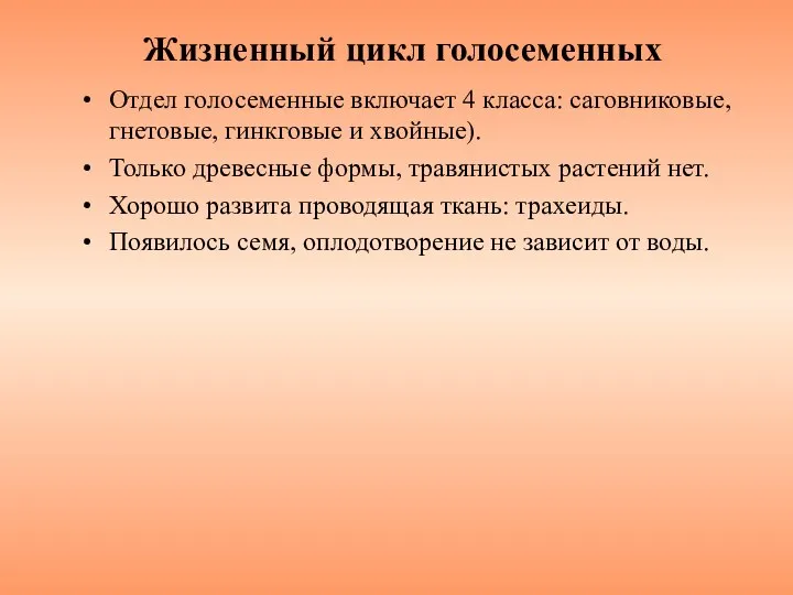 Жизненный цикл голосеменных Отдел голосеменные включает 4 класса: саговниковые, гнетовые, гинкговые