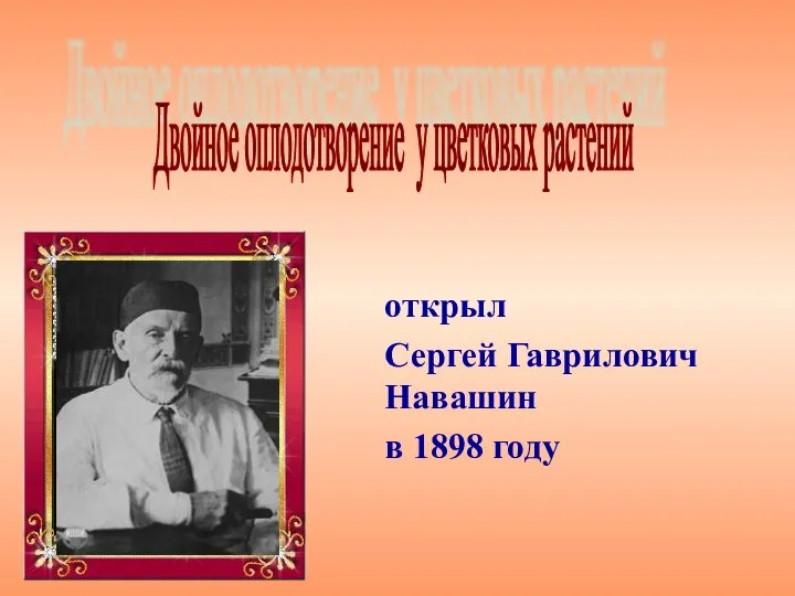 открыл Сергей Гаврилович Навашин в 1898 году Двойное оплодотворение у цветковых растений