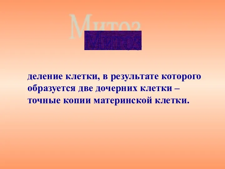 деление клетки, в результате которого образуется две дочерних клетки – точные копии материнской клетки. Митоз