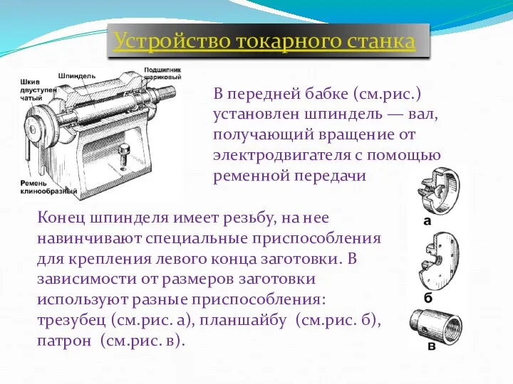 В передней бабке (см.рис.) установлен шпиндель — вал, получающий вращение от