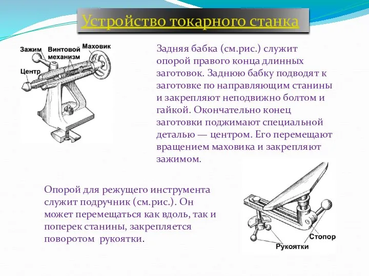 Задняя бабка (см.рис.) служит опорой правого конца длинных заготовок. Заднюю бабку