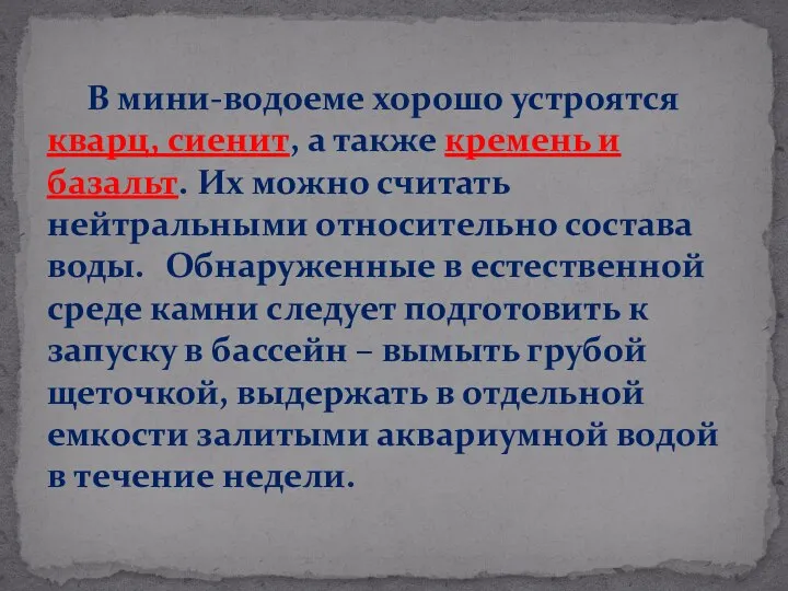 В мини-водоеме хорошо устроятся кварц, сиенит, а также кремень и базальт.