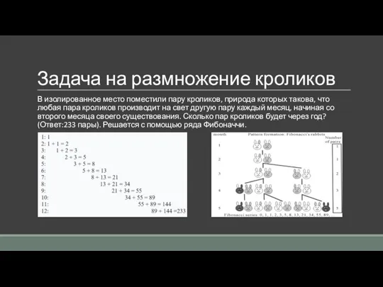 Задача на размножение кроликов В изолированное место поместили пару кроликов, природа