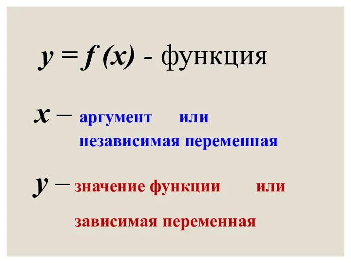 y = f (x) - функция x – аргумент или независимая