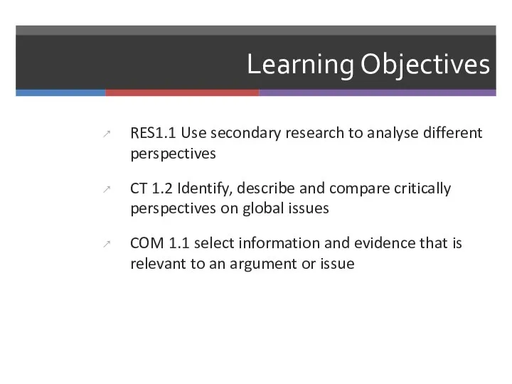 Learning Objectives RES1.1 Use secondary research to analyse different perspectives CT