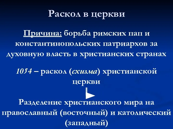 Раскол в церкви Причина: борьба римских пап и константинопольских патриархов за