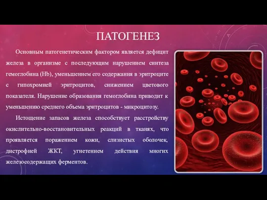 ПАТОГЕНЕЗ Основным патогенетическим фактором является дефицит железа в организме с последующим