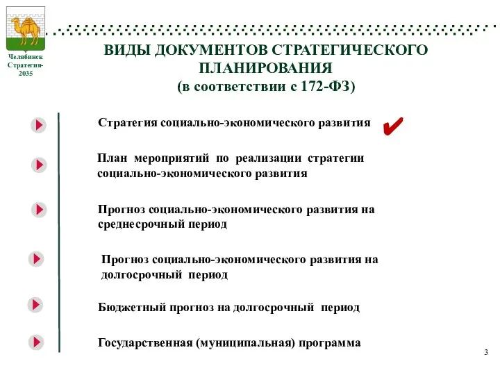 ВИДЫ ДОКУМЕНТОВ СТРАТЕГИЧЕСКОГО ПЛАНИРОВАНИЯ (в соответствии с 172-ФЗ) Стратегия социально-экономического развития