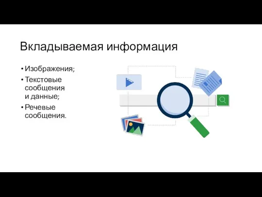 Вкладываемая информация Изображения; Текстовые сообщения и данные; Речевые сообщения.