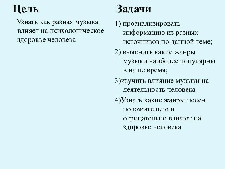 Цель Узнать как разная музыка влияет на психологическое здоровье человека. Задачи