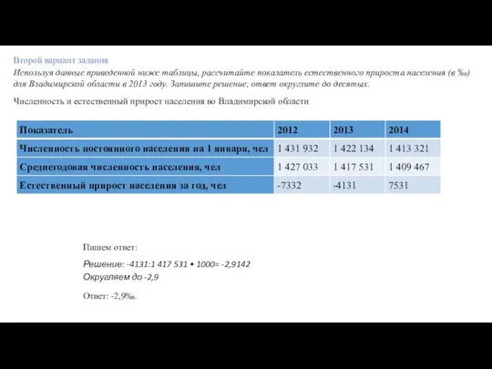 Второй вариант задания Используя данные приведенной ниже таблицы, рассчитайте показатель естественного