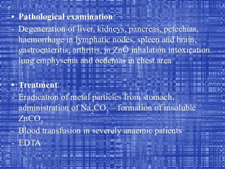 Pathological examination: Degeneration of liver, kidneys, pancreas, petechias, haemorrhage in lymphatic