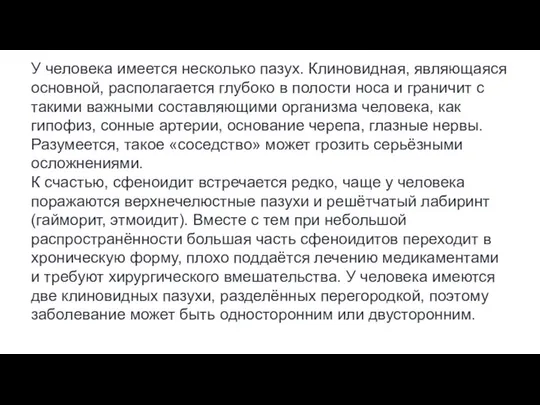 У человека имеется несколько пазух. Клиновидная, являющаяся основной, располагается глубоко в