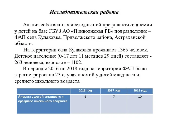 Исследовательская работа Анализ собственных исследований профилактики анемии у детей на базе