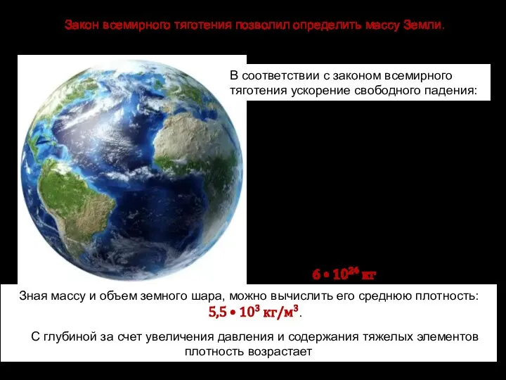 В соответствии с законом всемирного тяготения уско­рение свободного падения: Зная массу