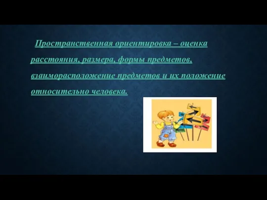 Пространственная ориентировка – оценка расстояния, размера, формы предметов, взаиморасположение предметов и их положение относительно человека.