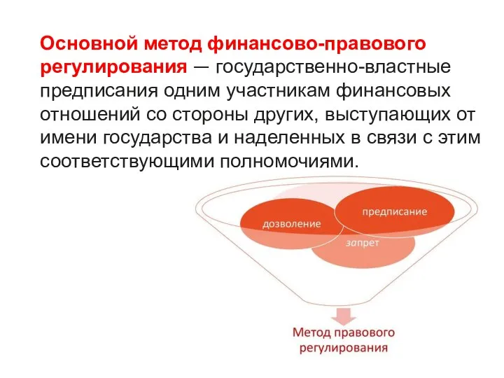 Основной метод финансово-правового регулирования — государственно-властные предписания одним участникам финансовых отношений