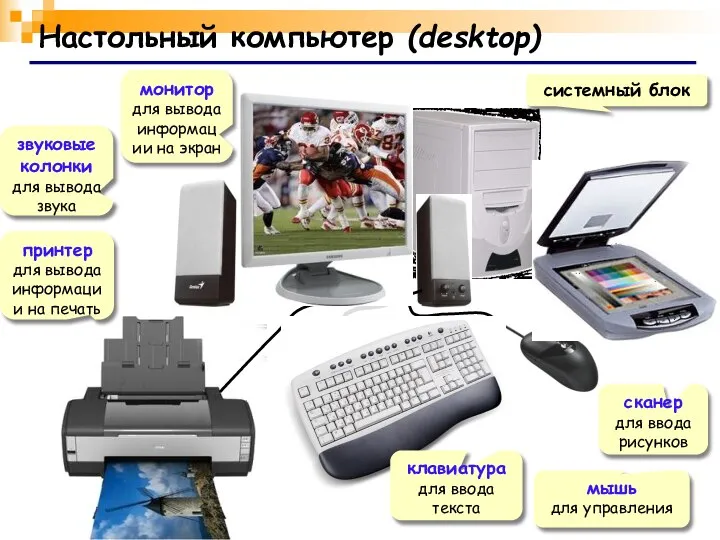 Настольный компьютер (desktop) системный блок звуковые колонки для вывода звука принтер