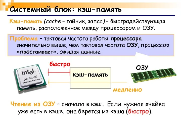 Системный блок: кэш-память Кэш-память (cache – тайник, запас) – быстродействующая память,