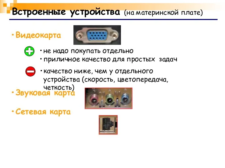 Встроенные устройства (на материнской плате) Видеокарта Звуковая карта Сетевая карта не