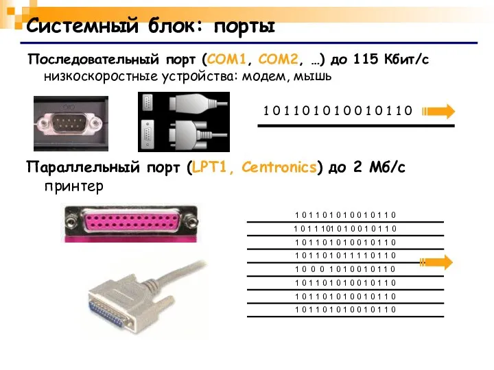 Системный блок: порты Последовательный порт (COM1, COM2, …) до 115 Кбит/с