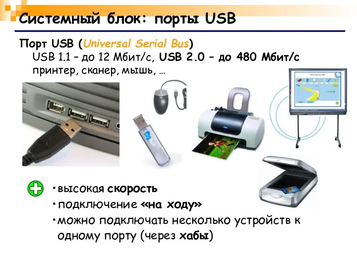 Системный блок: порты USB Порт USB (Universal Serial Bus) USB 1.1