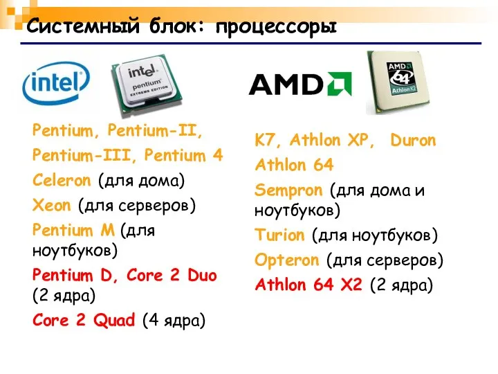 Системный блок: процессоры Pentium, Pentium-II, Pentium-III, Pentium 4 Celeron (для дома)