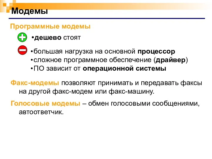 Модемы Программные модемы дешево стоят большая нагрузка на основной процессор сложное