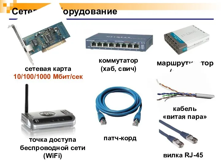 Сетевое оборудование сетевая карта 10/100/1000 Мбит/сек коммутатор (хаб, свич) маршрутизатор (роутер)