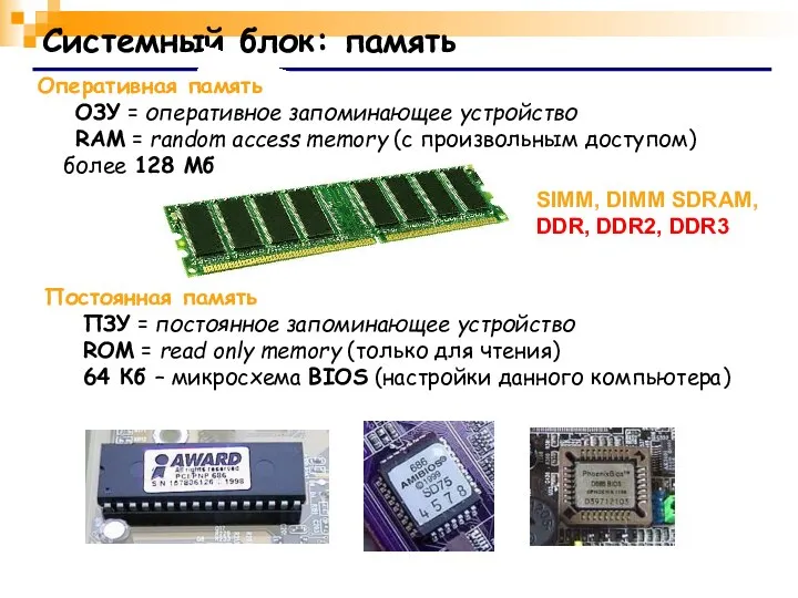 Системный блок: память SIMM, DIMM SDRAM, DDR, DDR2, DDR3 Оперативная память