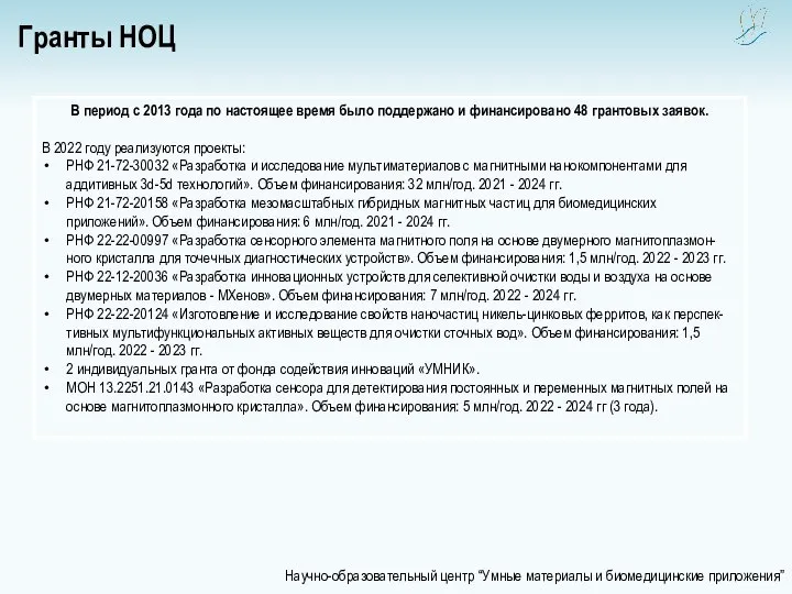 В период с 2013 года по настоящее время было поддержано и