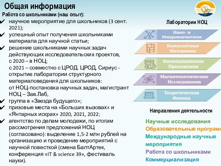 Общая информация Лаборатории НОЦ Направления деятельности Научные исследования Образовательные программы Международные