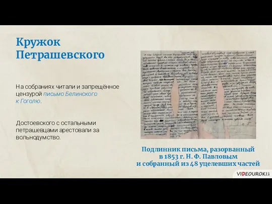 Кружок Петрашевского На собраниях читали и запрещённое цензурой письмо Белинского к