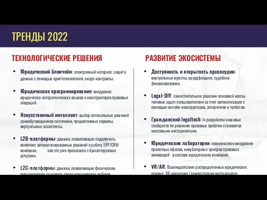 ТРЕНДЫ 2022 РАЗВИТИЕ ЭКОСИСТЕМЫ Доступность и открытость правосудия: виртуальные юристы, краудфандинг,