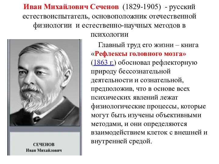 Иван Михайлович Сеченов (1829-1905) - русский естествоиспытатель, основоположник отечественной физиологии и