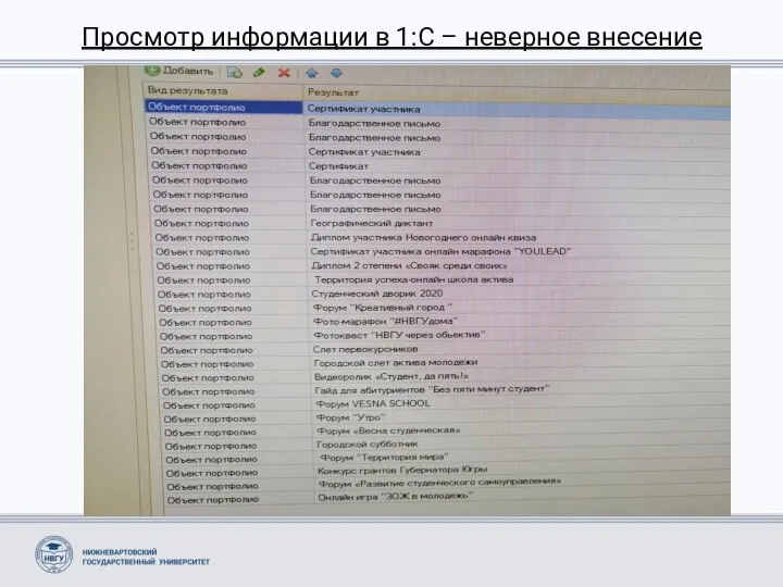 Просмотр информации в 1:С – неверное внесение