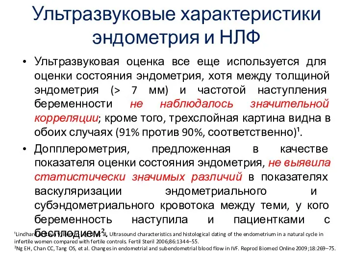 Ультразвуковые характеристики эндометрия и НЛФ Ультразвуковая оценка все еще используется для