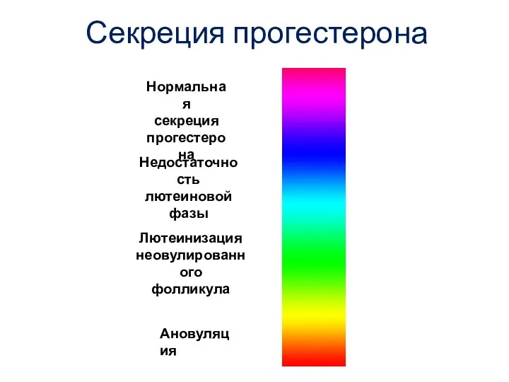 Секреция прогестерона Нормальная секреция прогестерона Недостаточность лютеиновой фазы Лютеинизация неовулированного фолликула Ановуляция