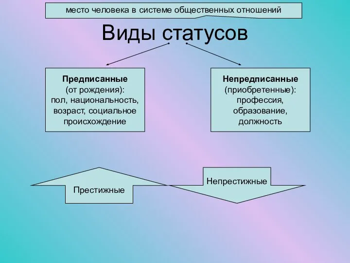 Виды статусов место человека в системе общественных отношений Предписанные (от рождения):