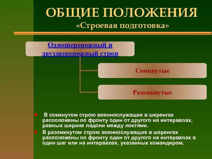 ОБЩИЕ ПОЛОЖЕНИЯ «Строевая подготовка» В сомкнутом строю военнослужащие в шеренгах расположены