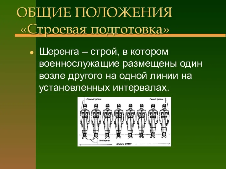 ОБЩИЕ ПОЛОЖЕНИЯ «Строевая подготовка» Шеренга – строй, в котором военнослужащие размещены