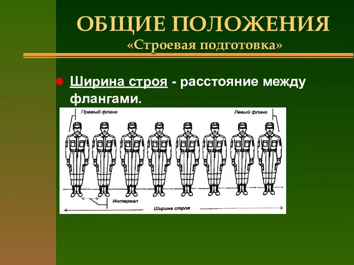 ОБЩИЕ ПОЛОЖЕНИЯ «Строевая подготовка» Ширина строя - расстояние между флангами.