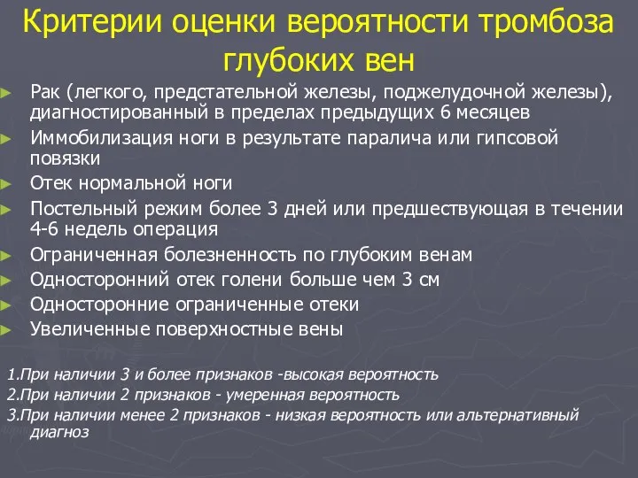 Критерии оценки вероятности тромбоза глубоких вен Рак (легкого, предстательной железы, поджелудочной