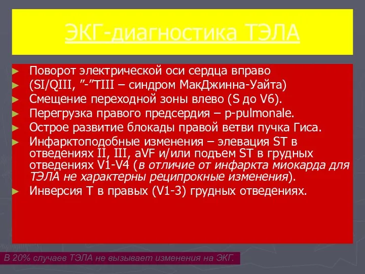 ЭКГ-диагностика ТЭЛА Поворот электрической оси сердца вправо (SI/QIII, ”-”TIII – синдром