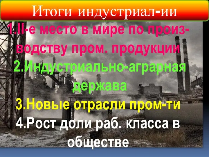 Итоги индустриал-ии 1.II-е место в мире по произ- водству пром. продукции