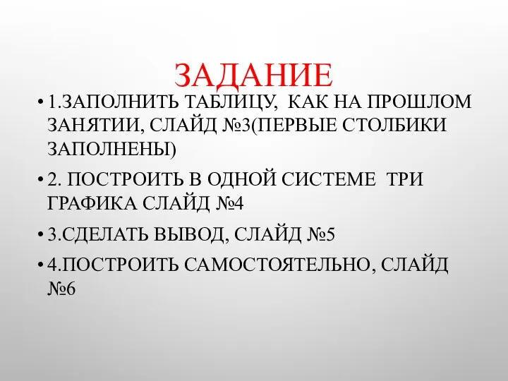 ЗАДАНИЕ 1.ЗАПОЛНИТЬ ТАБЛИЦУ, КАК НА ПРОШЛОМ ЗАНЯТИИ, СЛАЙД №3(ПЕРВЫЕ СТОЛБИКИ ЗАПОЛНЕНЫ)