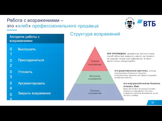 Работа с возражениями – это «хлеб» профессионального продавца Структура возражений это