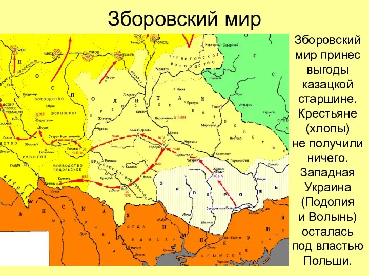 Зборовский мир Зборовский мир принес выгоды казацкой старшине. Крестьяне (хлопы) не